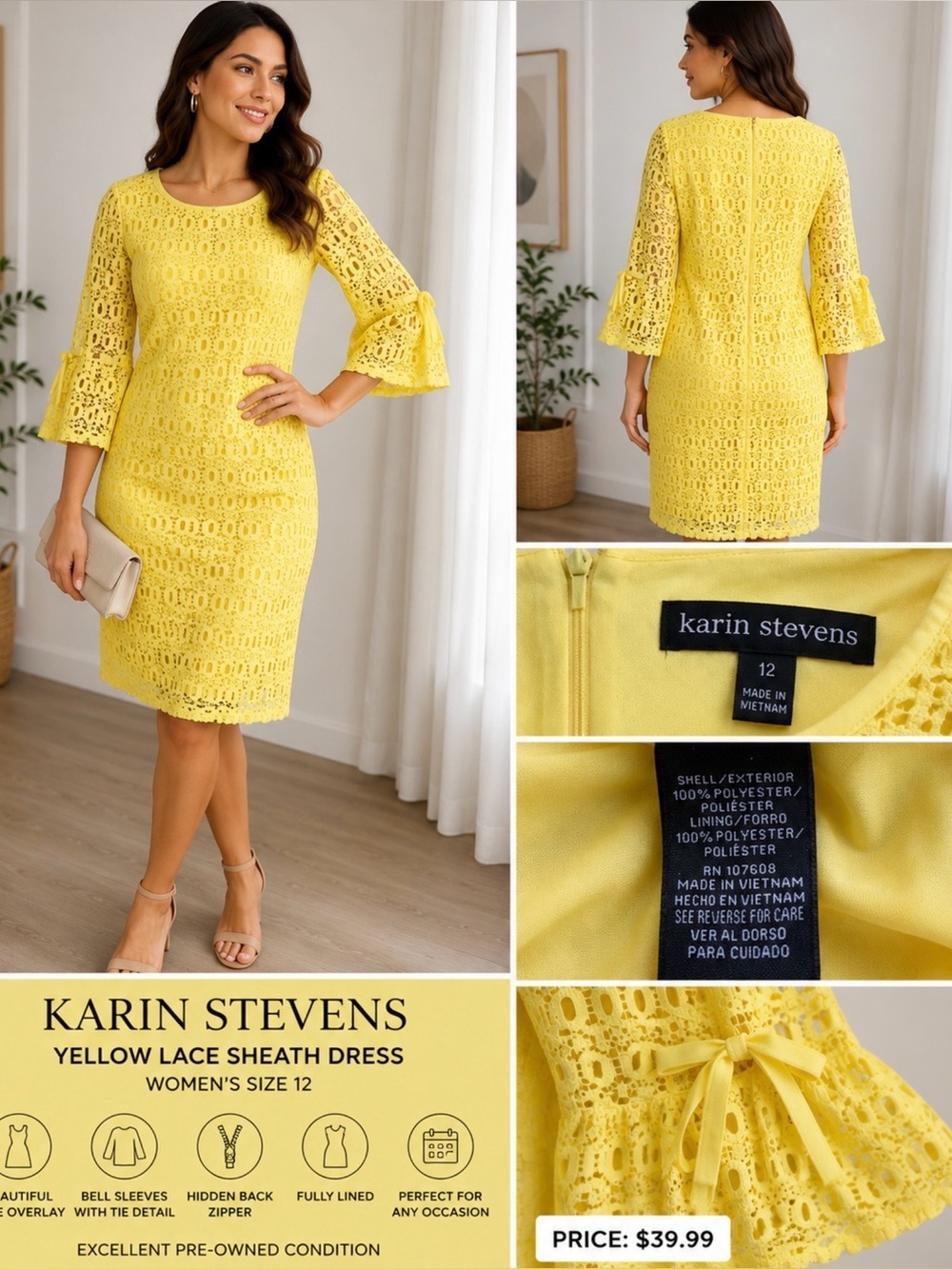 Karin Stevens Yellow Lace Sheath Dress Women’s Size 12 Bell Sleeve